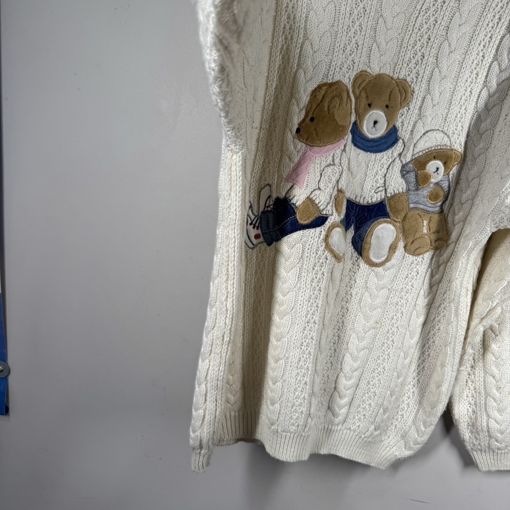 VTG Together! Sweater Womens L Cream Embroidered Teddy Bear Wool Cable Knit 90s - Picture 6 of 16